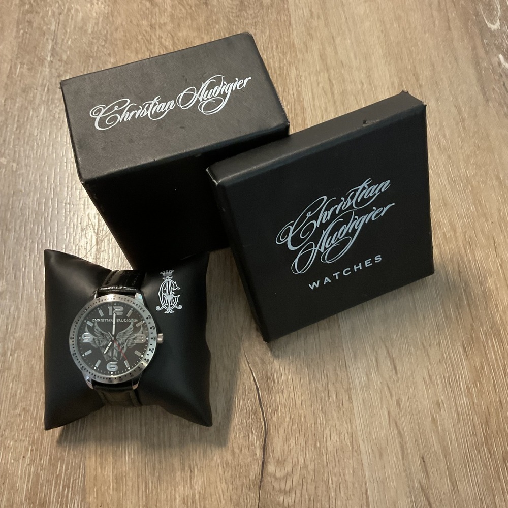 Christian Audigier Mens Watch Black Winged Dial Leather Strap Tachymeter Box